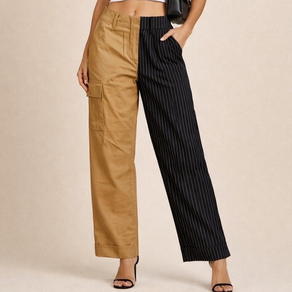 Choosy Two Tone Split Leg Cargo Pinstripe Trousers Tan Black Size 2 Streetwear
